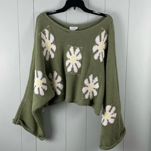 Storia, Forest/Olive Green, Retro Fall Oversize Bell Flare Daisy Sleeves Sweater - Picture 2 of 4
